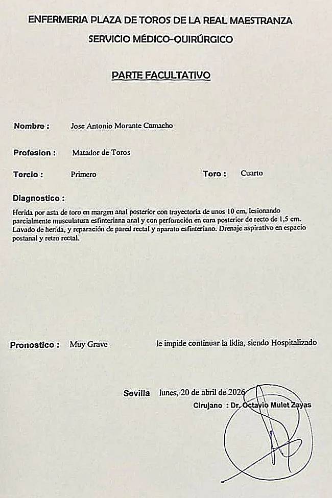 Parte médico de la cogida de Morante de la Puebla en Sevilla.